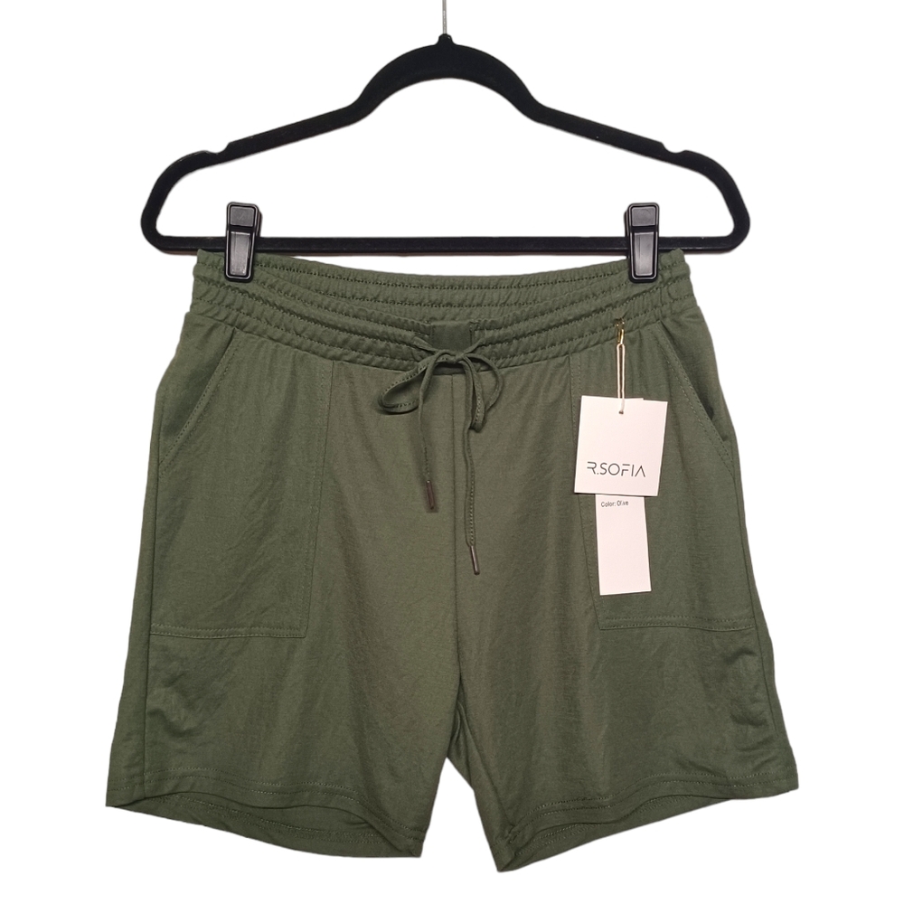 R.SOFIA Olive Green Stretchy Drawstring Shorts Medium NWT